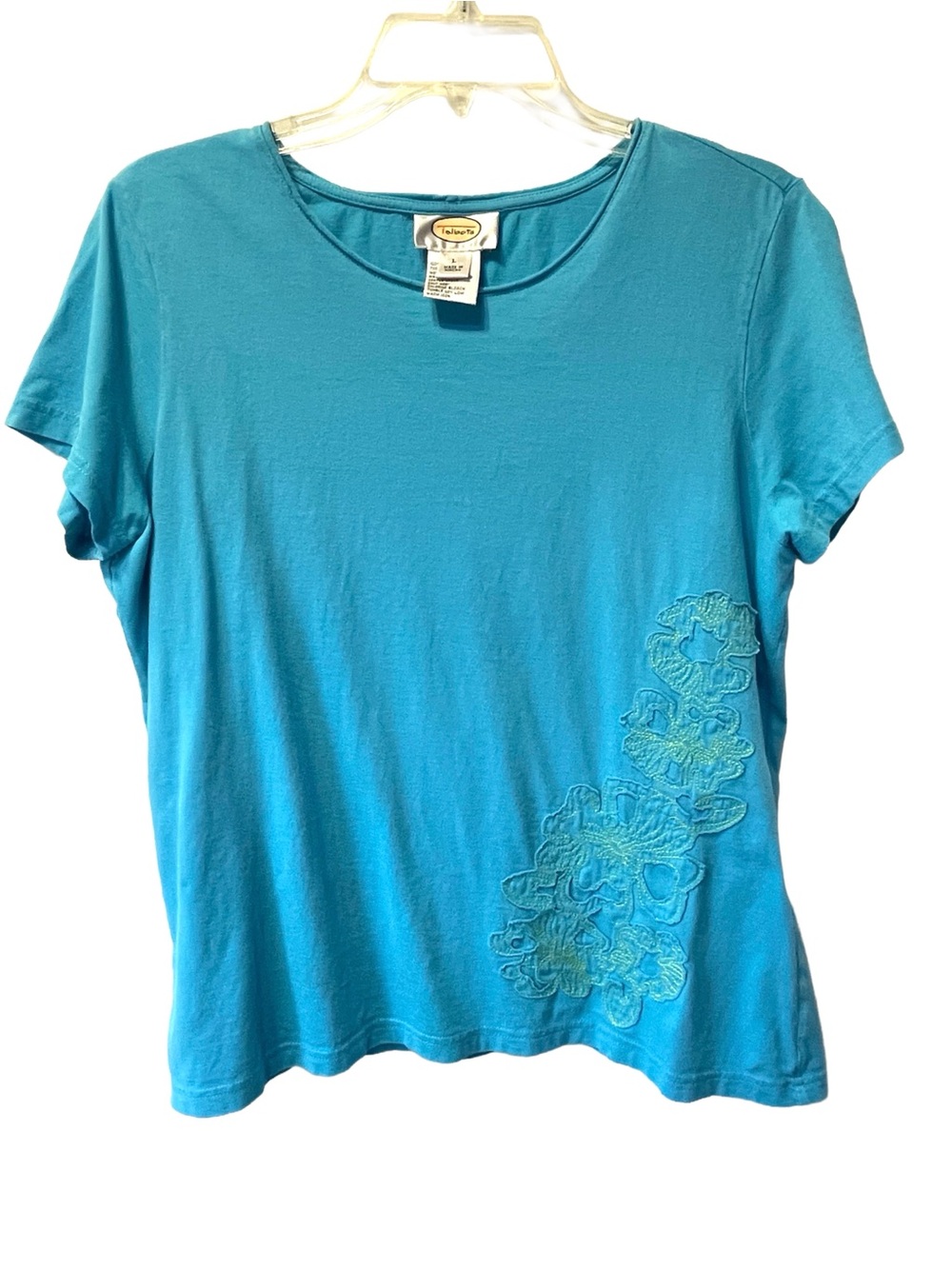 Talbots Teal Short-Sleeve Top Green Floral Appliqué Women’s Size L